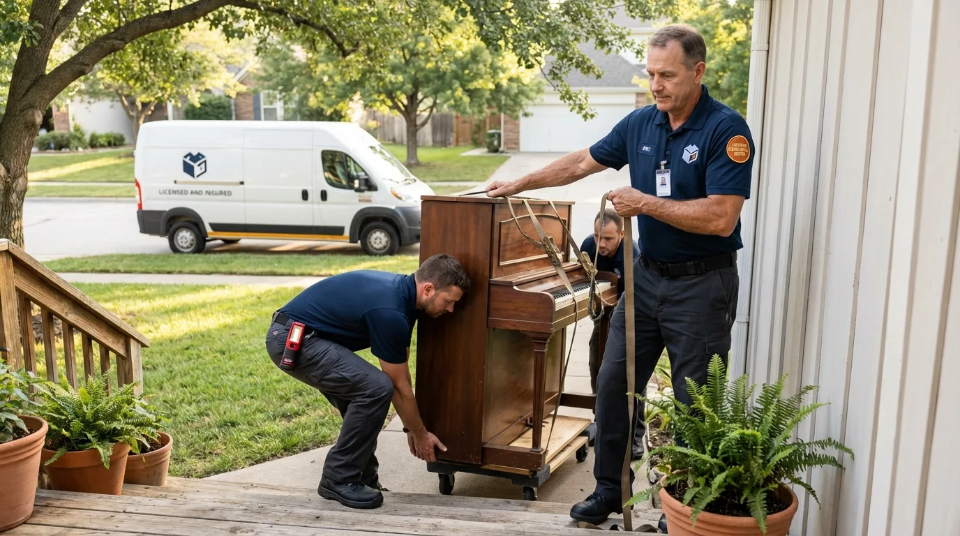 Licensed piano movers securing grand piano in Laurel, MD