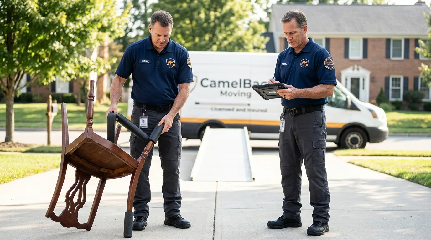 Movers inspecting furniture for damage prevention before loading in Laurel, MD
