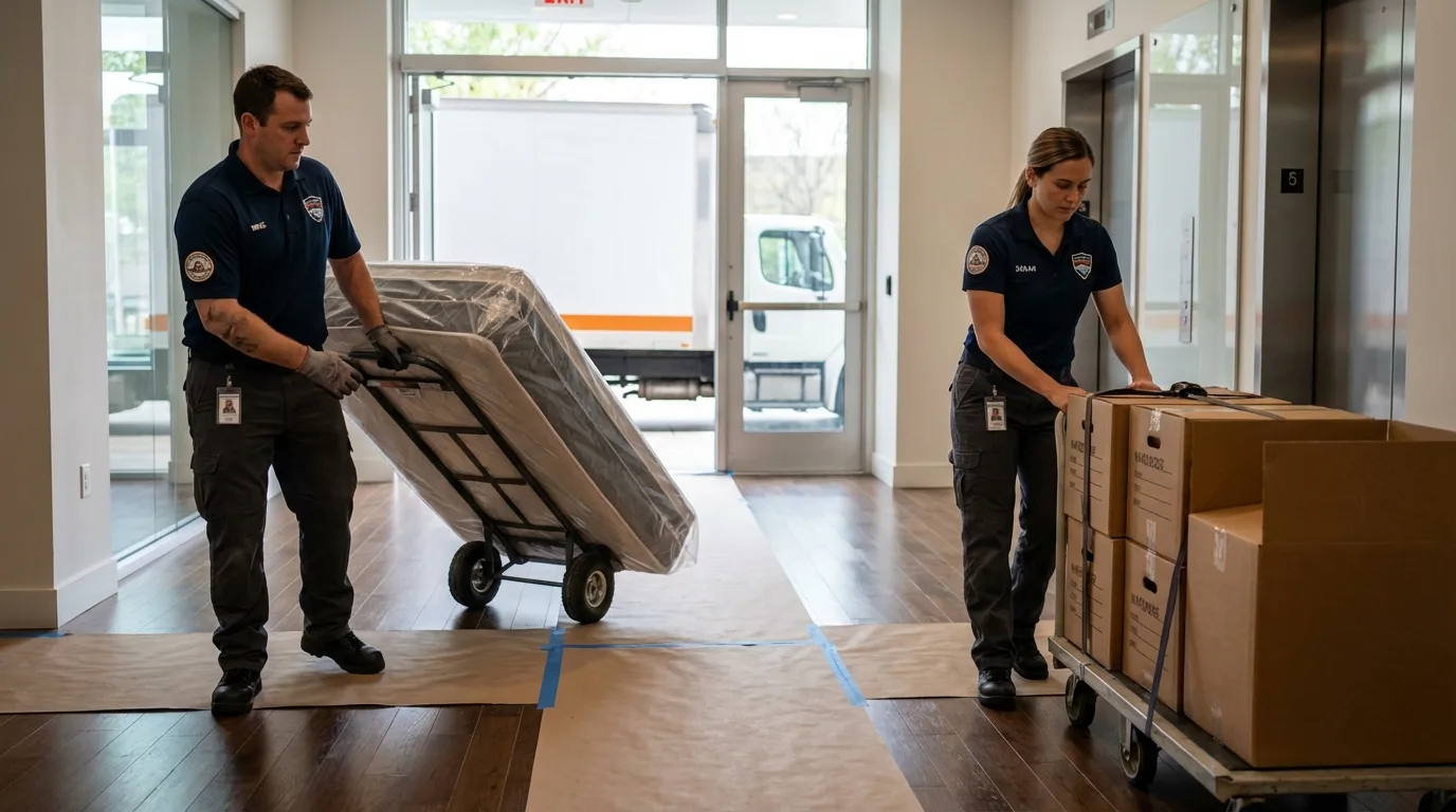 Professional apartment movers loading elevator in Laurel, MD