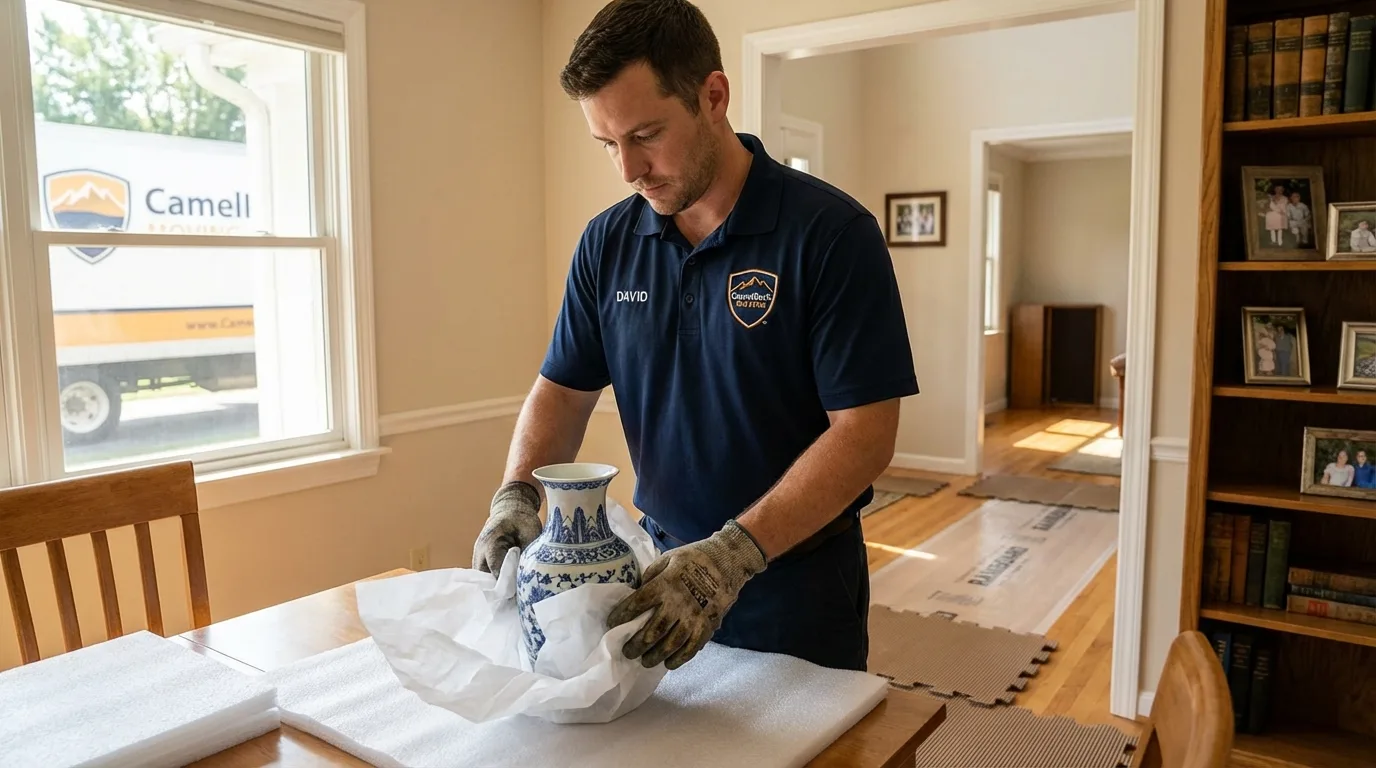 Professional crew carefully wrapping antique vase for senior downsizing move in Laurel, MD